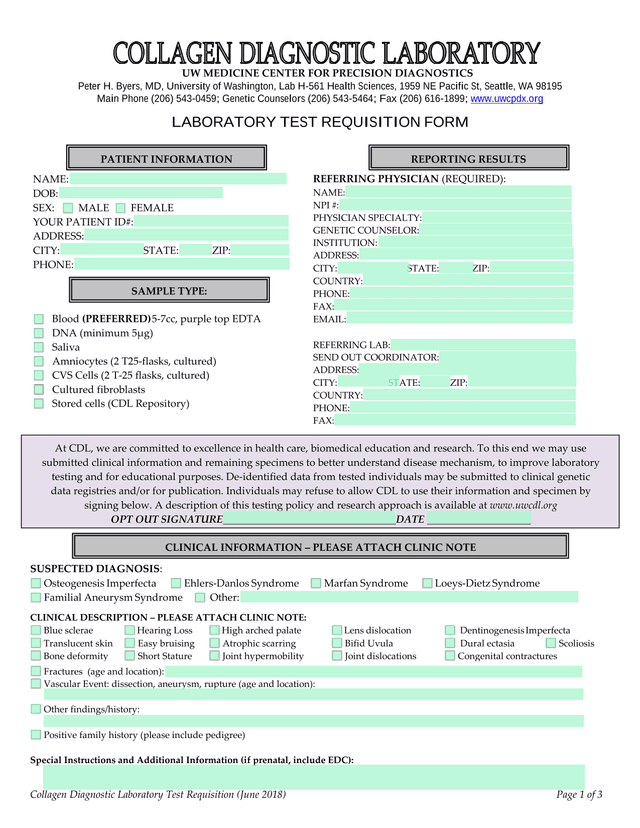 Collagen Diagnostic Laboratory Test Requisition screenshot