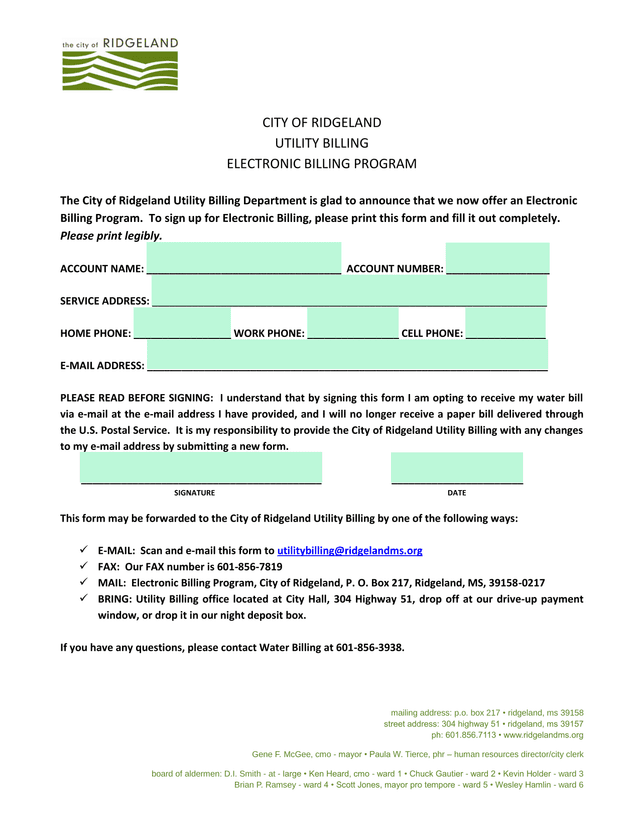 Electronic Billing Program Form screenshot