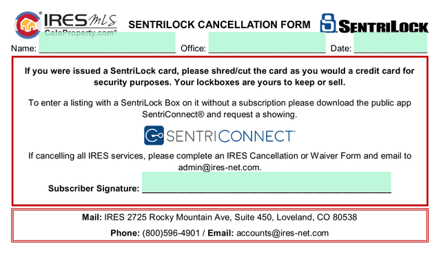 SentriLock Cancellation Form screenshot