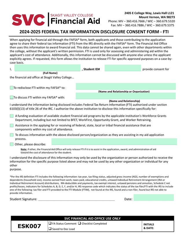 FAFSA Financial Information Disclosure Form screenshot