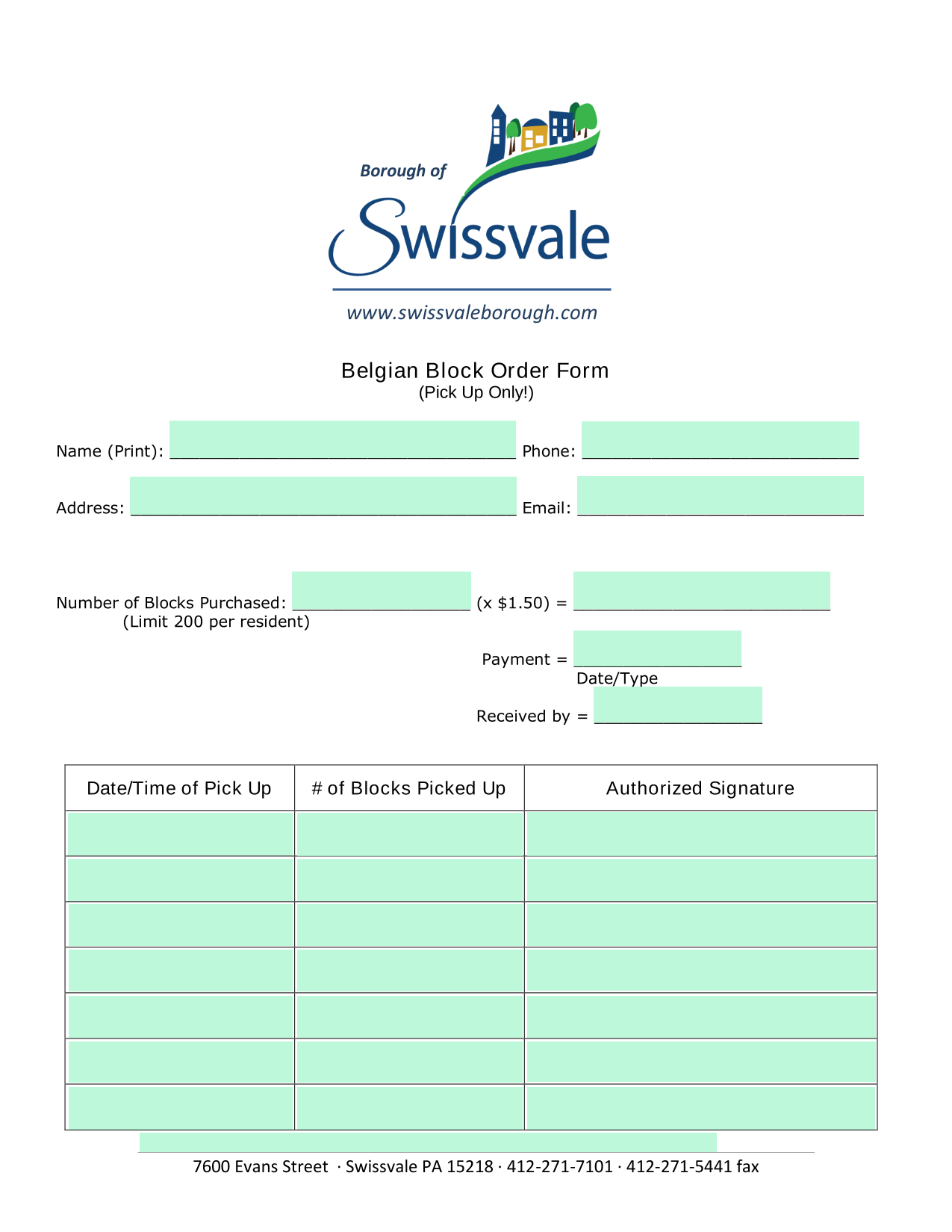 Belgian Block Order Form screenshot