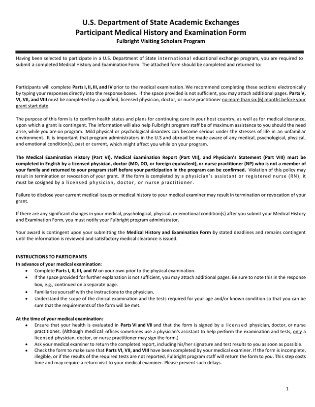 U.S. Department Of State Academic Exchanges Participant Medical History And Examination Form screenshot