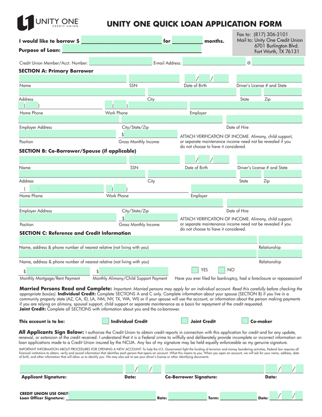 Unity One Quick Loan Application Form screenshot