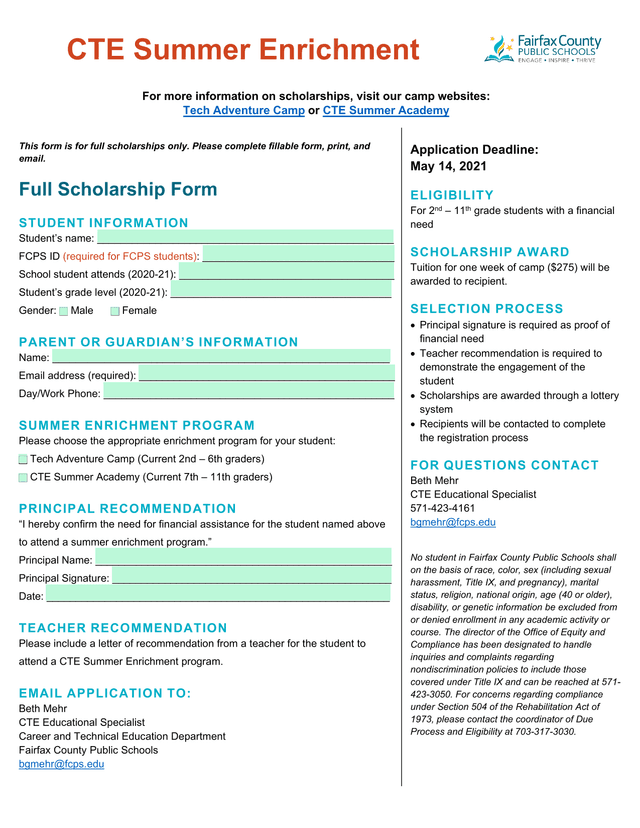 CTE Summer Enrichment Full Scholarship Form screenshot