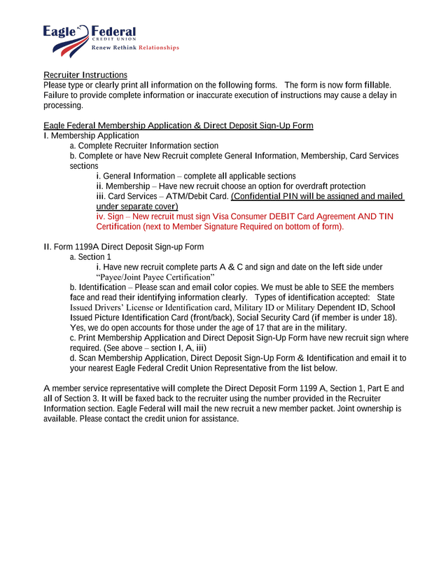Eagle Federal Membership Application  Direct Deposit Sign Up Form screenshot