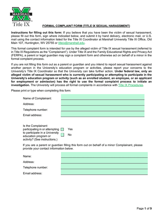 FORMAL COMPLAINT FORM (TITLE IX SEXUAL HARASSMENT) screenshot