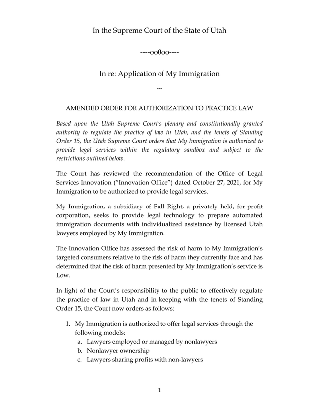 Amended Order For Authorization To Practice Law screenshot