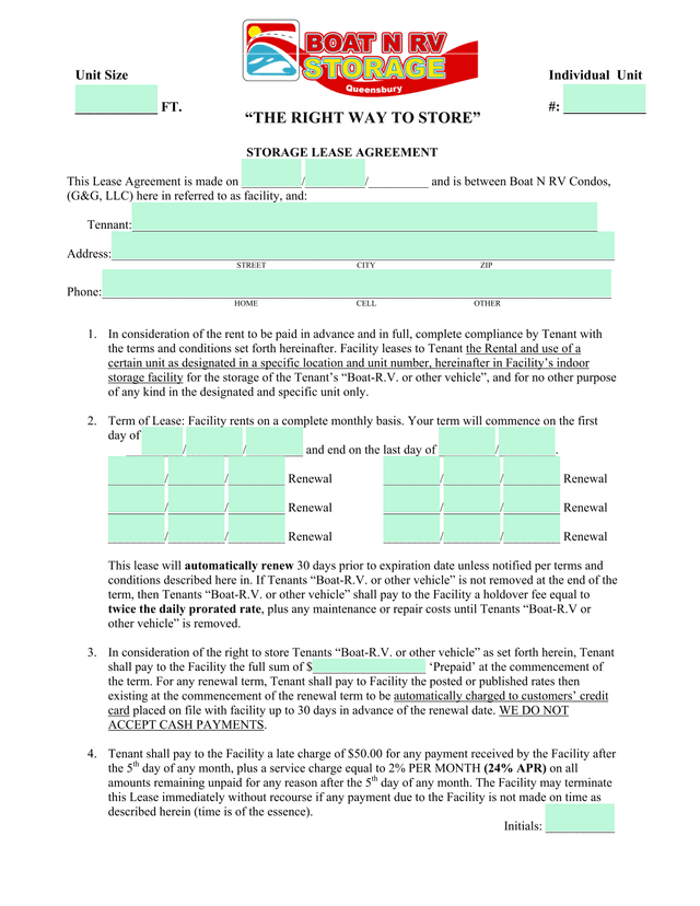 Storage Lease Agreement screenshot