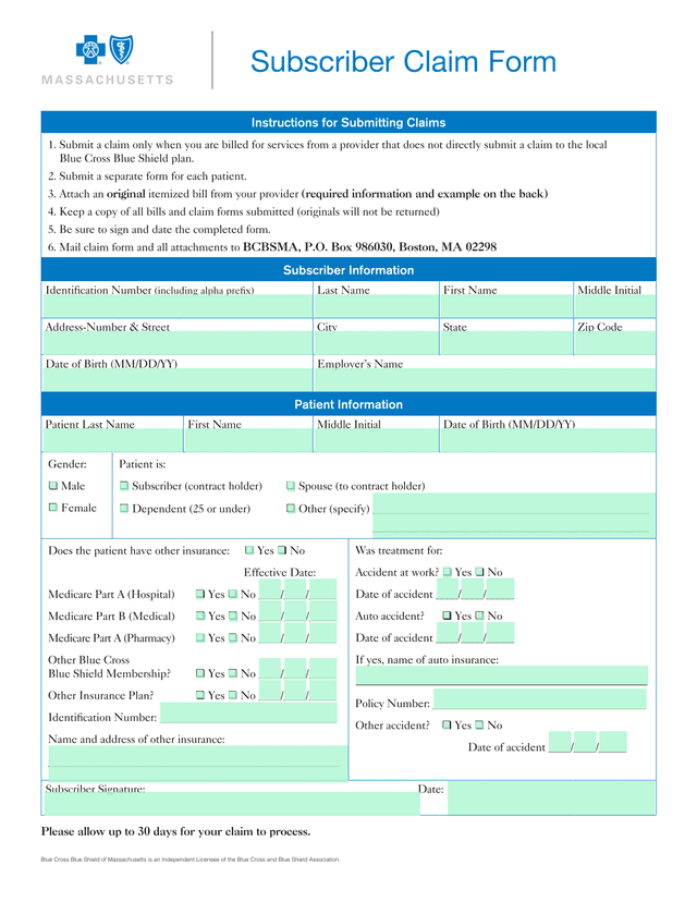 Subscriber Claim Form screenshot