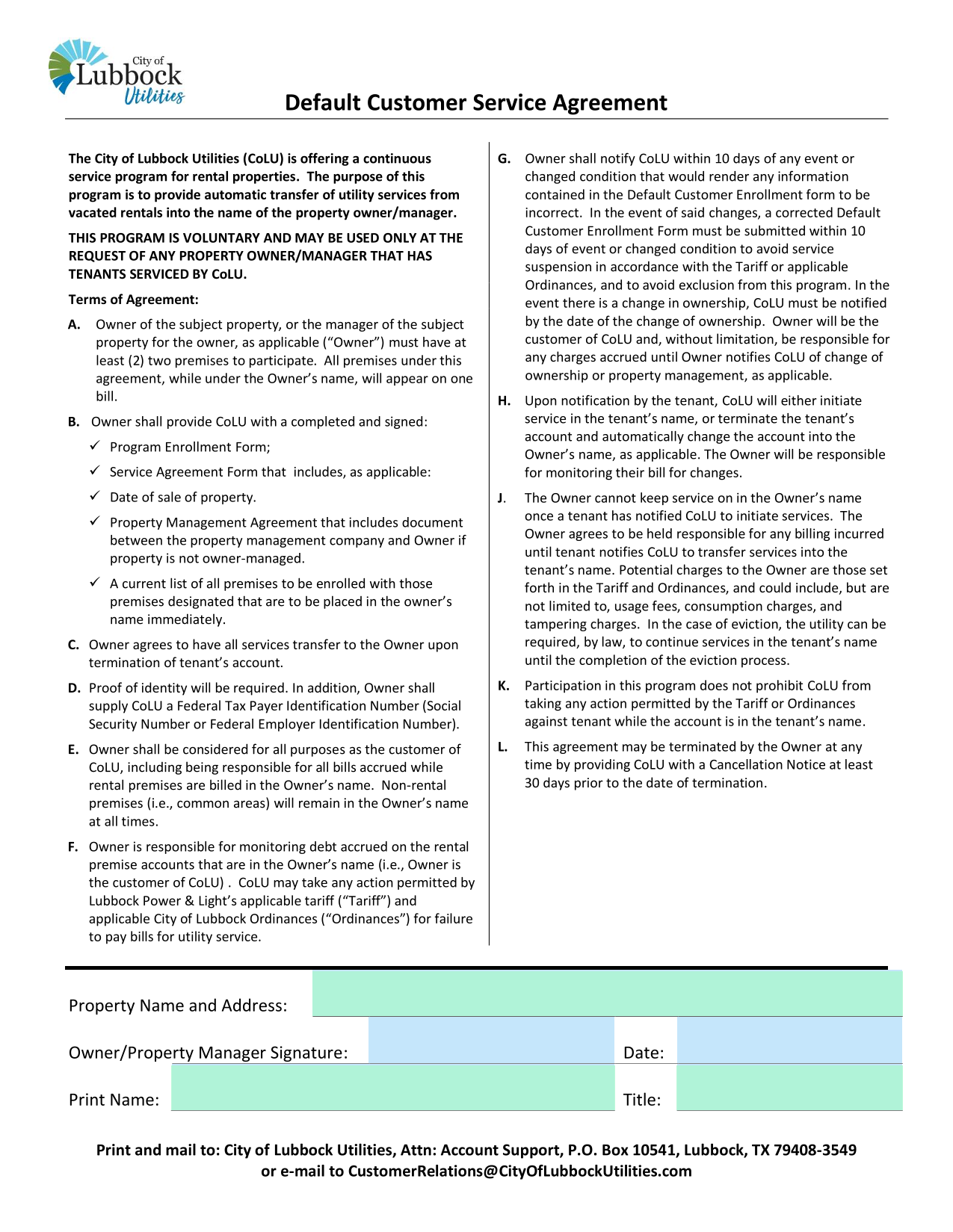Default Customer Service Agreement screenshot