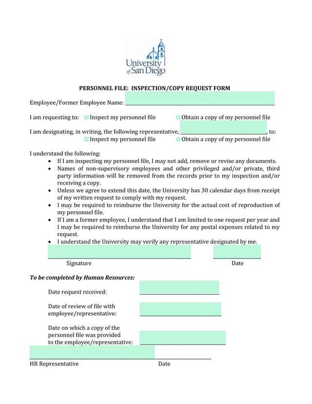 PERSONNEL FILE INSPECTIONCOPY REQUEST FORM screenshot