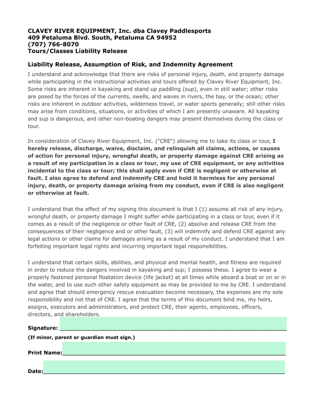 ToursClasses Liability Release screenshot
