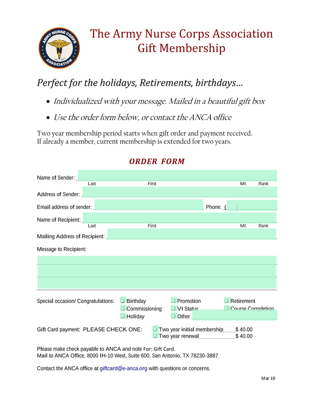 Army Nurse Corps Association Gift Membership screenshot