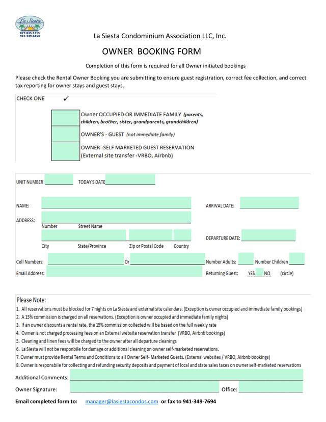 La Siesta Condominium Association LLC Owner Booking Form screenshot