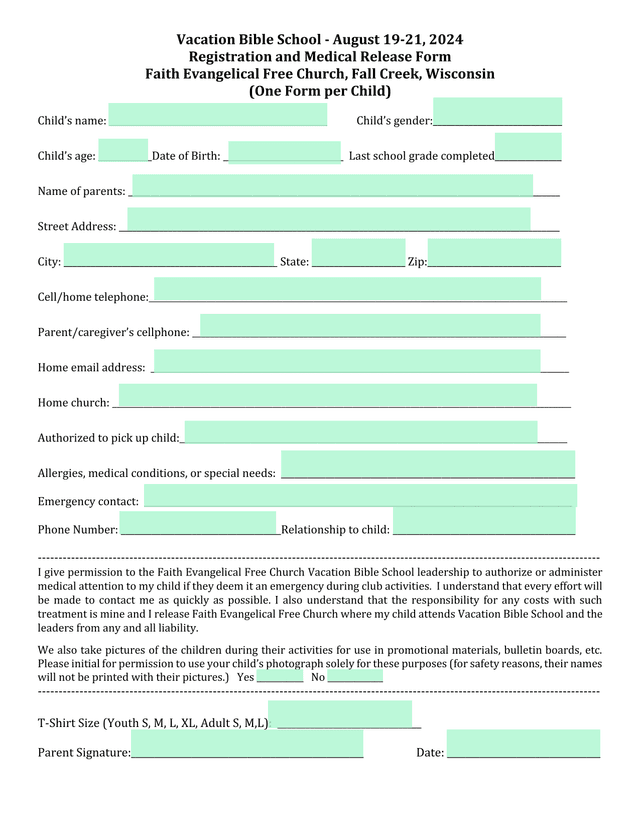 Vacation Bible School   Registration And Medical Release Form screenshot