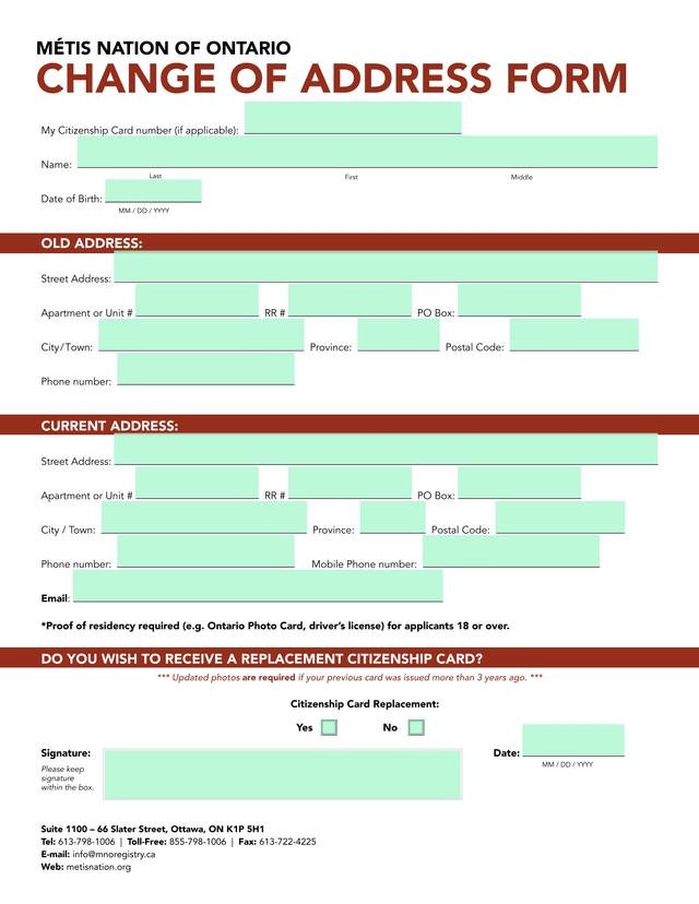 CHANGE OF ADDRESS FORM screenshot