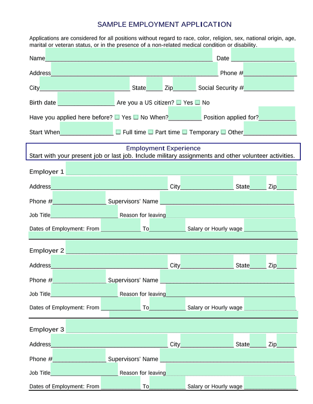 SAMPLE EMPLOYMENT APPLICATION screenshot