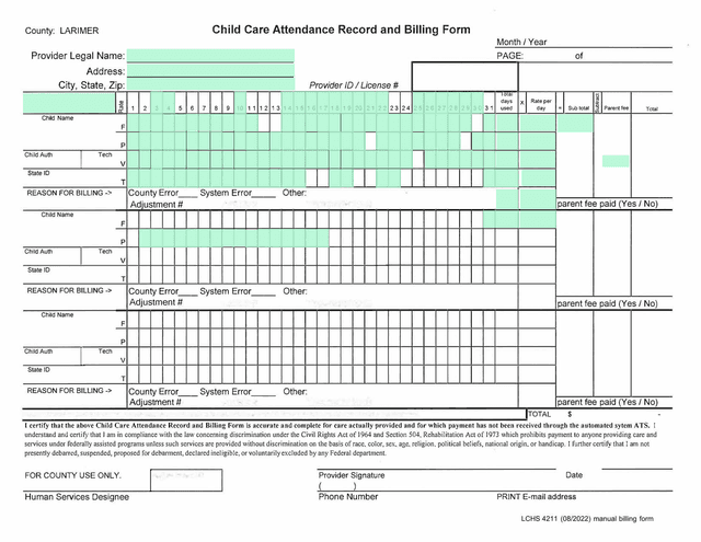 Child Care Attendance Record And Billing Form screenshot