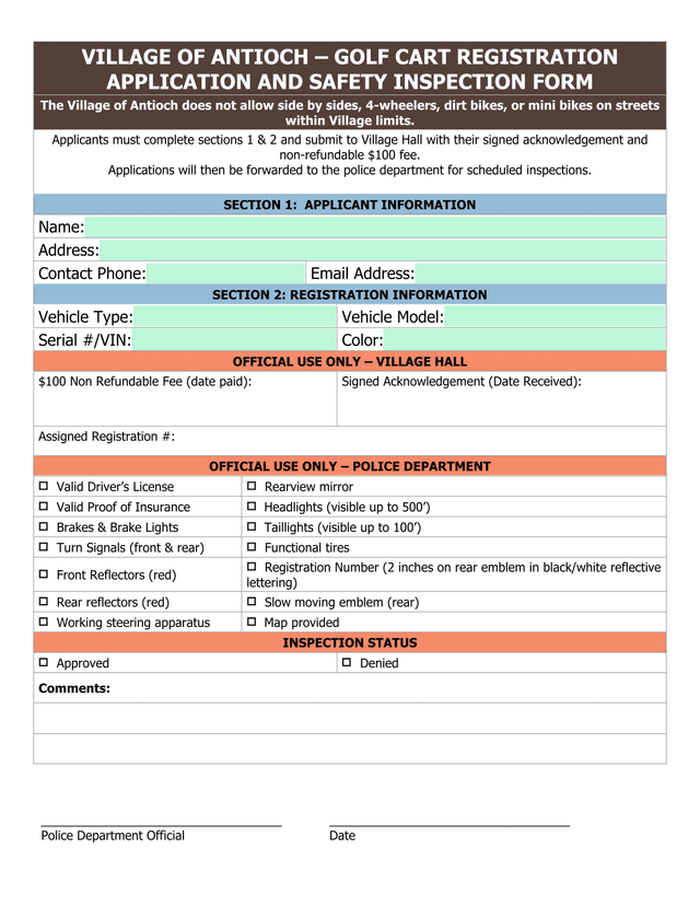 Village Of Antioch  Golf Cart Registration Application And Safety Inspection Form screenshot