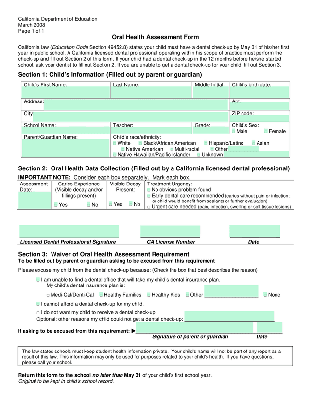 Oral Health Assessment Form screenshot