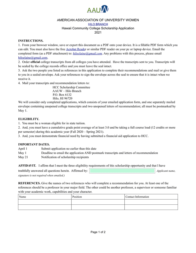 Hawaii Community College Scholarship Application screenshot