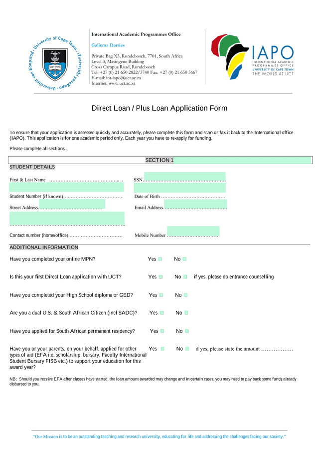 Direct Loan  Plus Loan Application Form screenshot