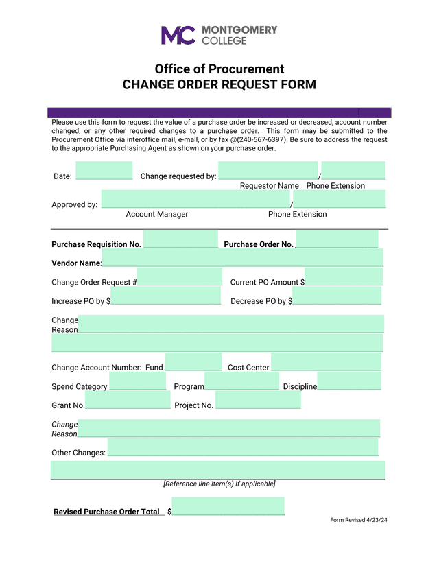 Change Order Request Form screenshot
