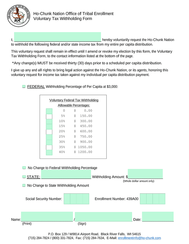 Voluntary Tax Withholding Form screenshot