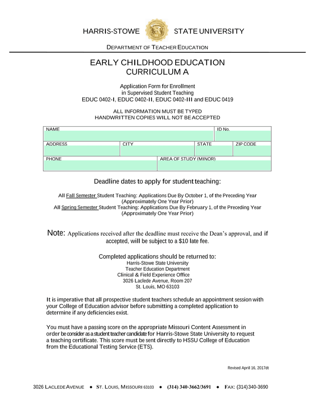 Early Childhood Education Curriculum A Application Form For Enrollment In Supervised Student Teachin screenshot