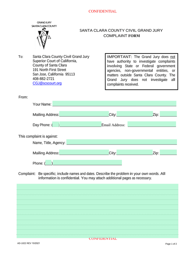 Santa Clara County Civil Grand Jury Complaint Form screenshot