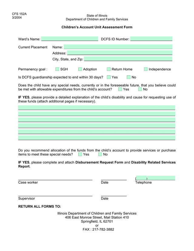 ChildrenS Account Unit Assessment Form screenshot