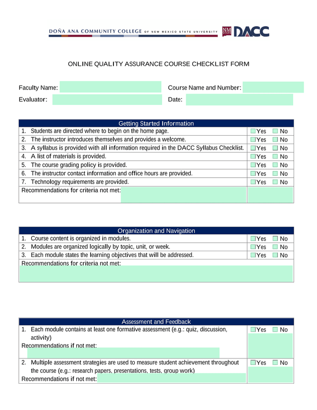 Online Quality Assurance Course Checklist Form screenshot
