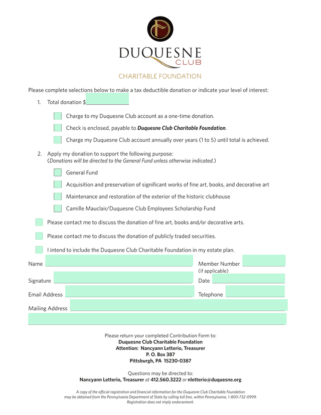 Duquesne Club Charitable Foundation Contribution Form screenshot