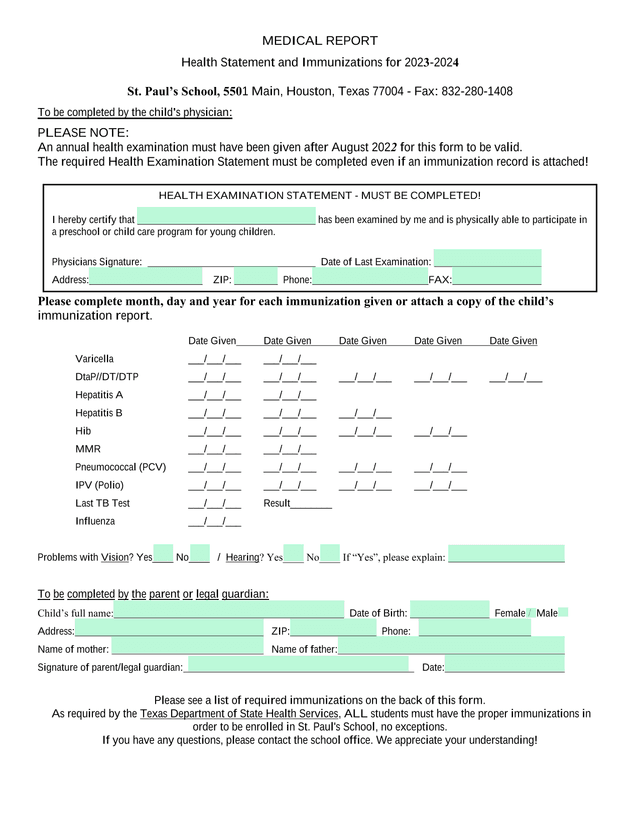 Medical Report Health Statement And Immunizations For 2023 2024 screenshot