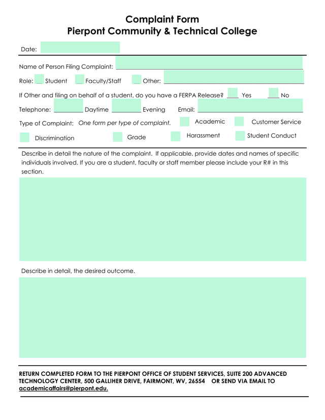 Complaint Form screenshot