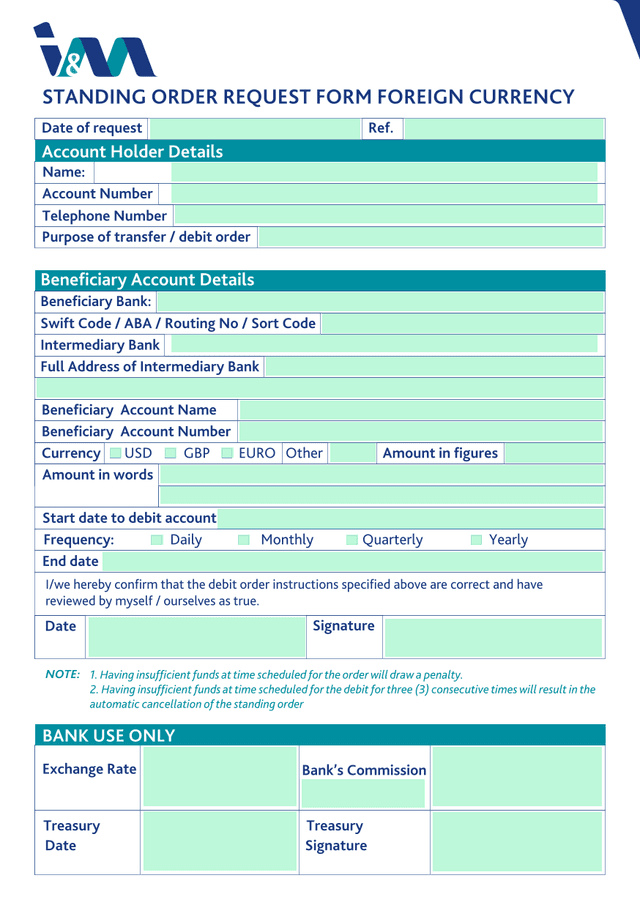 Standing Order Request Form Foreign Currency screenshot