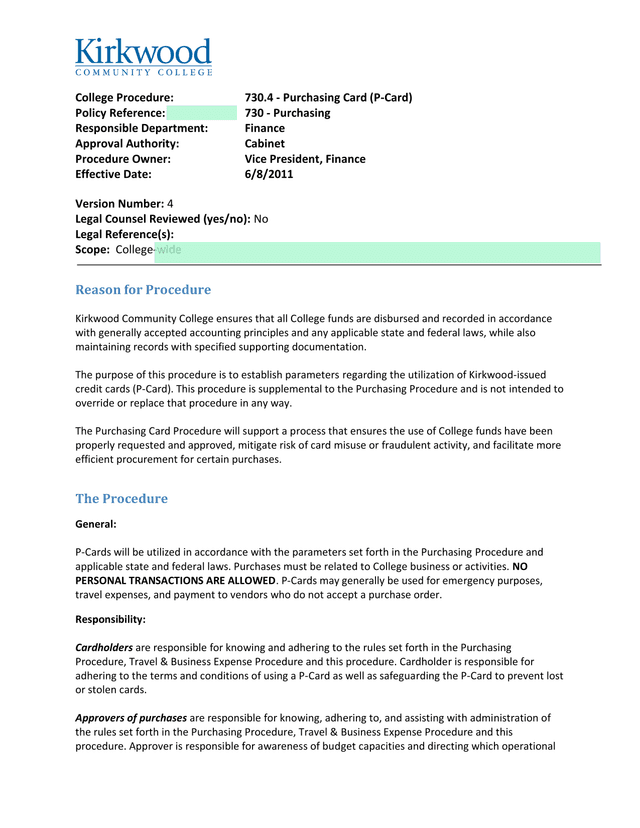 Purchasing Card (P Card) Procedure screenshot