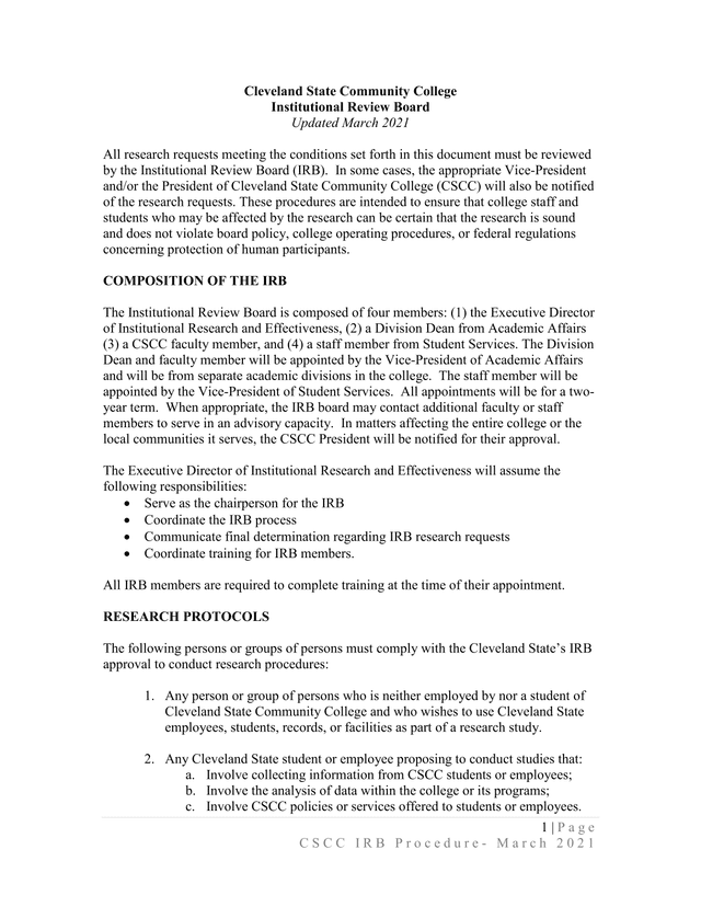 Cleveland State Community College Institutional Review Board Procedure screenshot