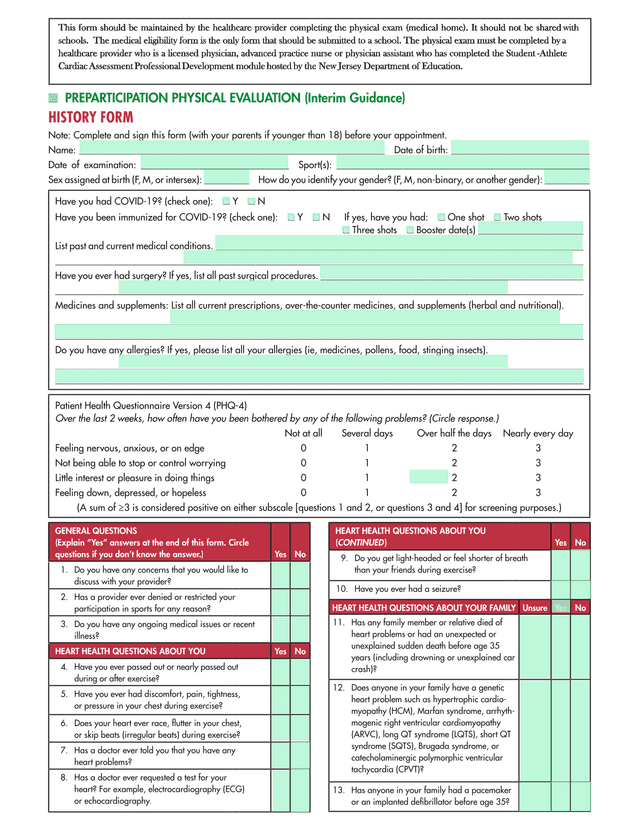 PREPARTICIPATION PHYSICAL EVALUATION (Interim Guidance) HISTORY FORM screenshot