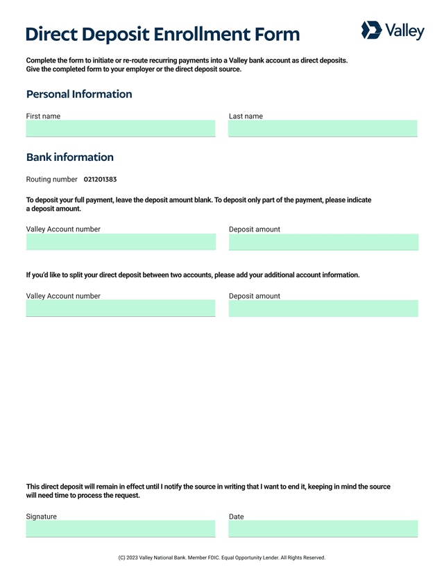Valley Direct Deposit Enrollment Form screenshot