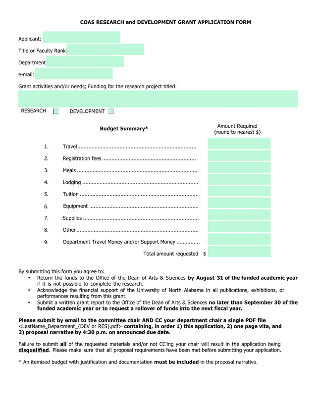 COAS Research And Development Grant Application Form screenshot
