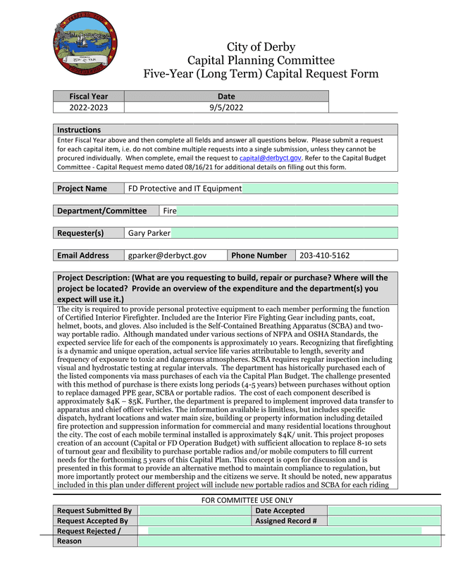 Five Year (Long Term) Capital Request Form screenshot