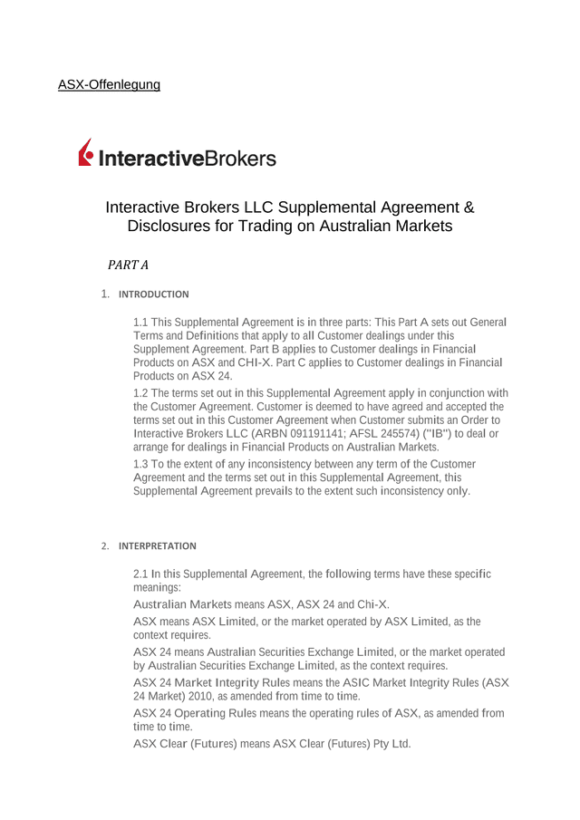 Interactive Brokers LLC Supplemental Agreement  Disclosures For Trading On Australian Markets screenshot