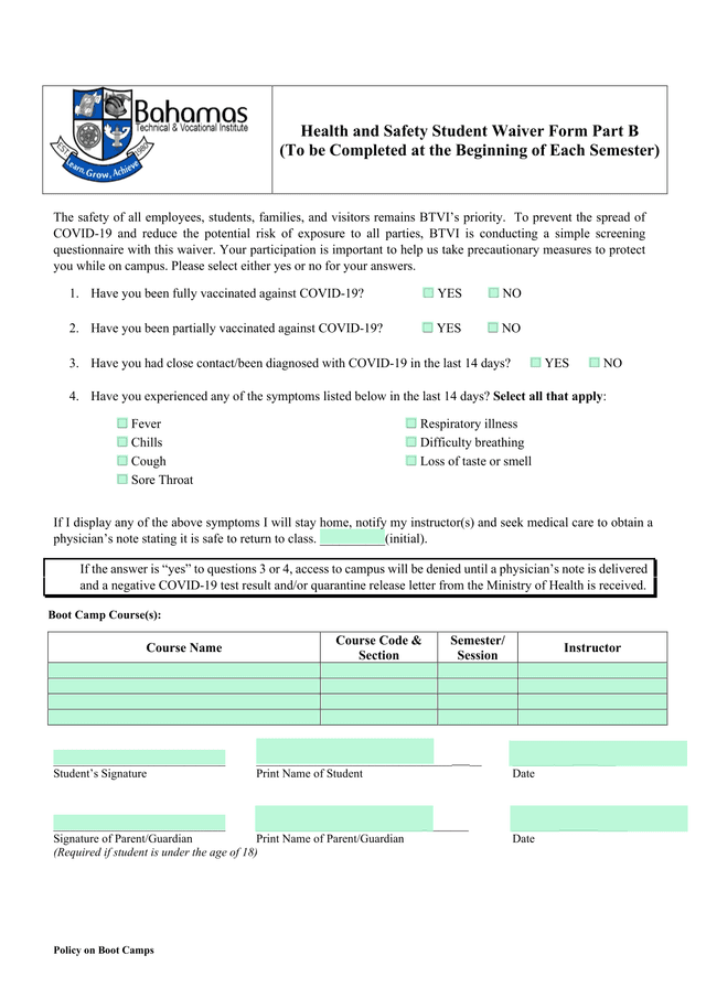 Health And Safety Student Waiver Form Part B screenshot