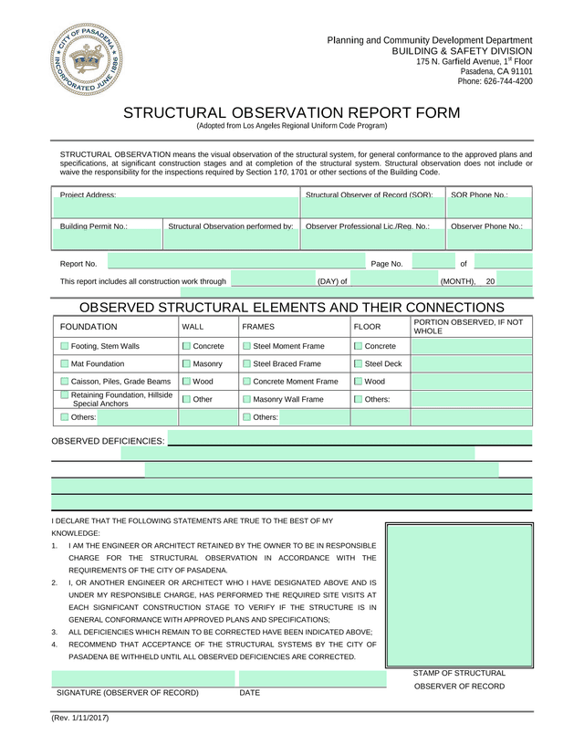 Structural Observation Report Form screenshot