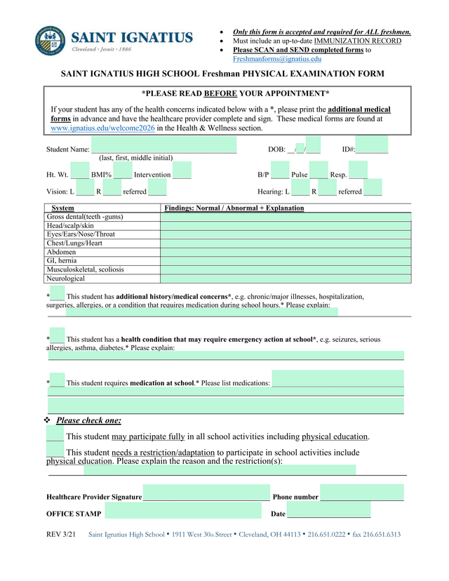 Saint Ignatius High School Freshman Physical Examination Form screenshot
