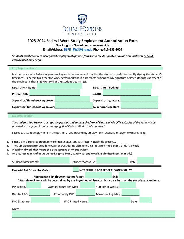 2023 2024 Federal Work Study Employment Authorization Form screenshot