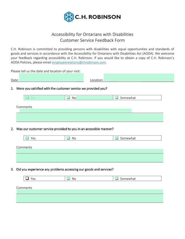 Accessibility For Ontarians With Disabilities Customer Service Feedback Form screenshot