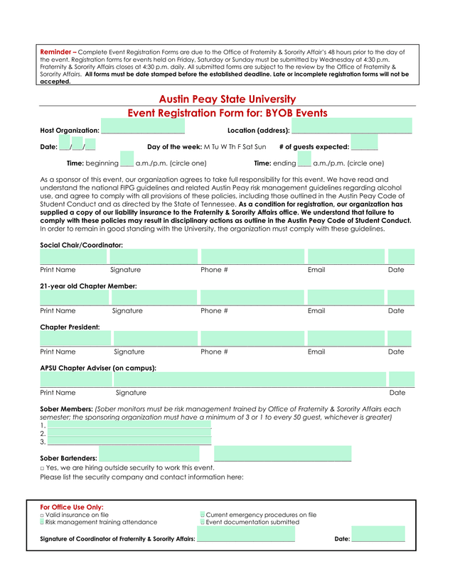 Event Registration Form For BYOB Events screenshot