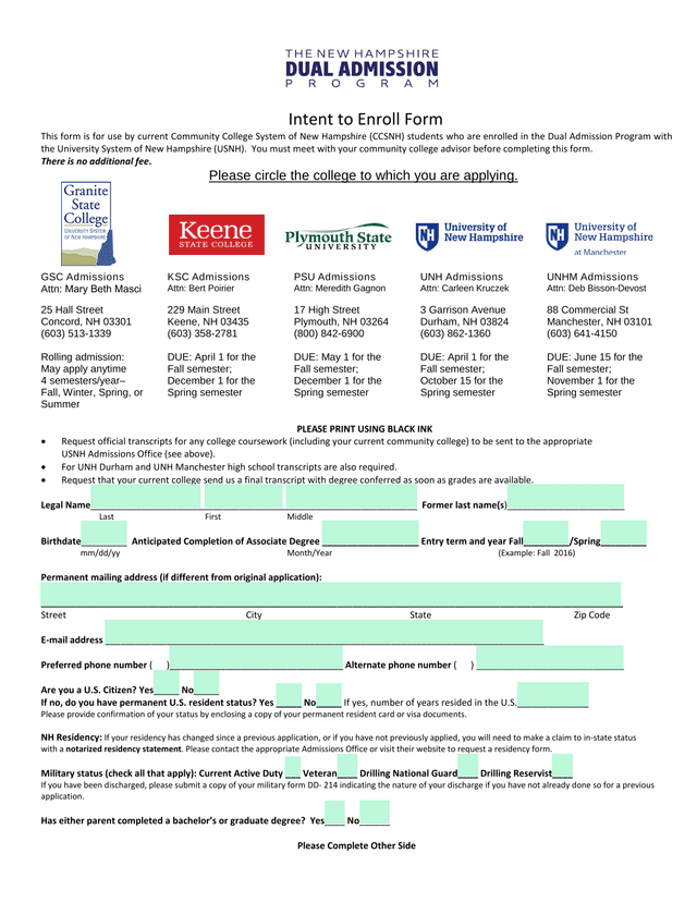 Intent To Enroll Form screenshot